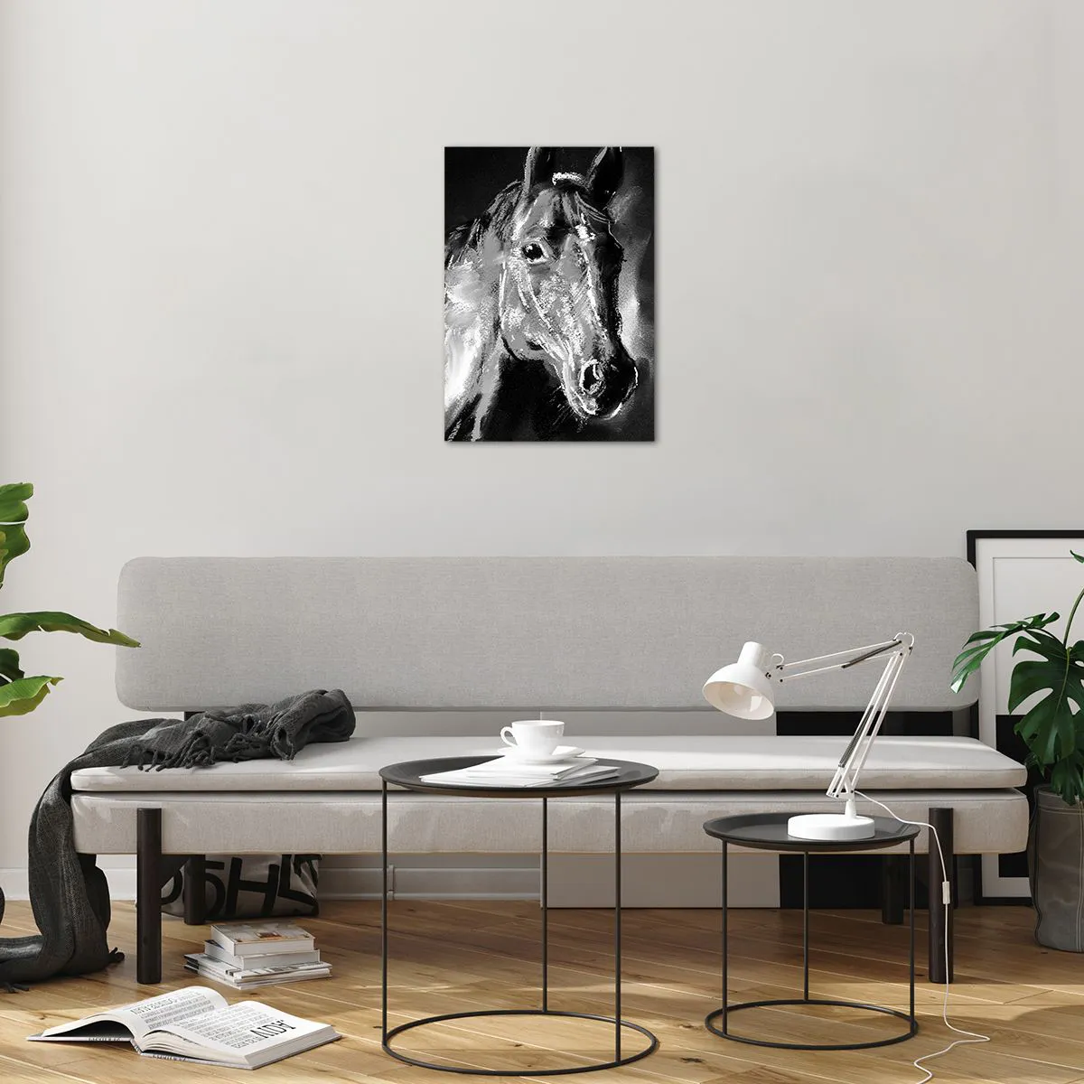 Glasbild - Bild auf glas - Porträt eines Pferdes in Schwarz-Weiß-Tönen auf dunklem Hintergrund - 50x70cm - Das Leuchten einer edlen Seele - Moderne Wanddekoration für Wohnzimmer und Schlafzimmer ARTTOR