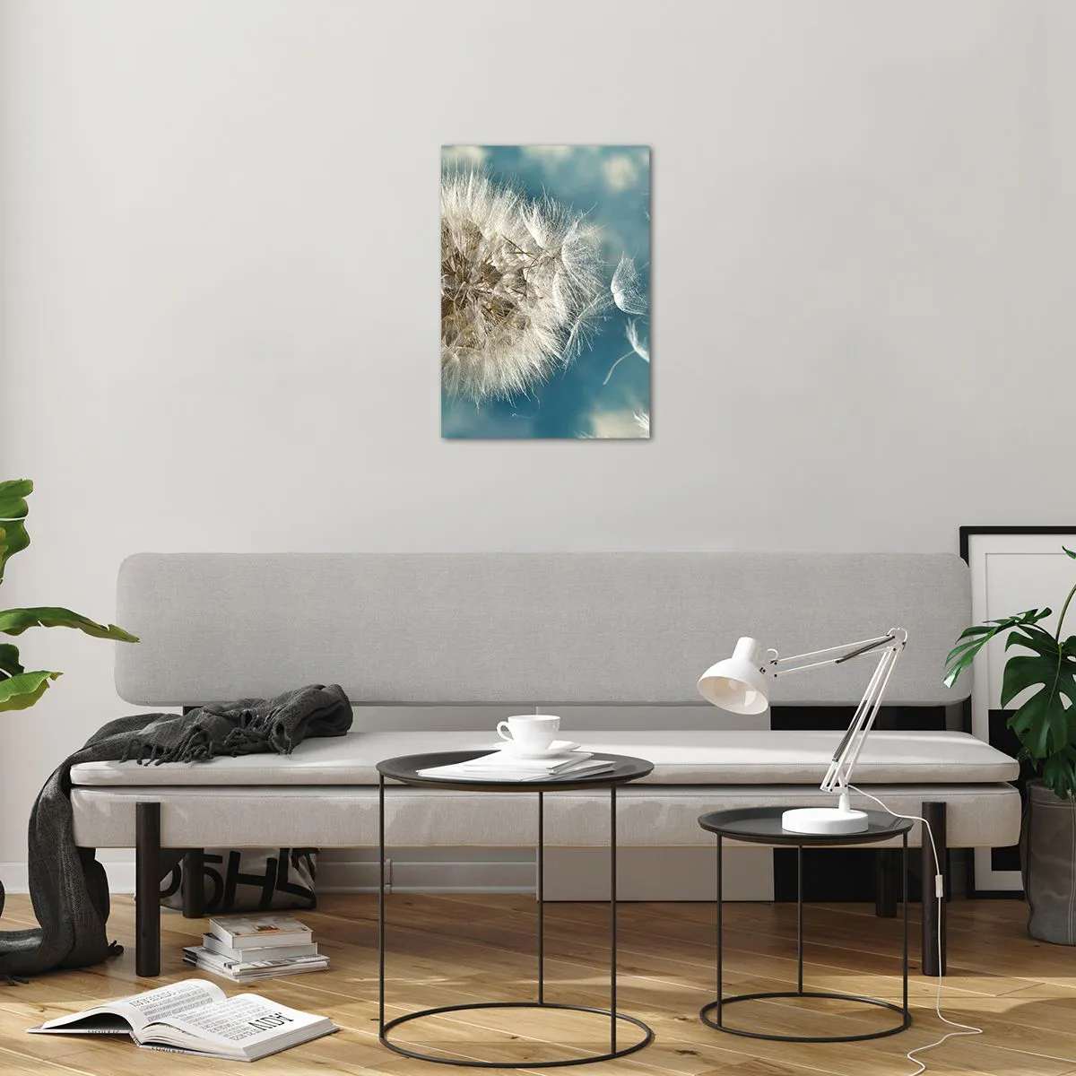 Glasbild - Bild auf glas - Ein zarter Löwenzahn vor dem Himmel mit schwebenden Samen - 50x70cm - Engelsatem - Moderne Wanddekoration für Wohnzimmer und Schlafzimmer ARTTOR