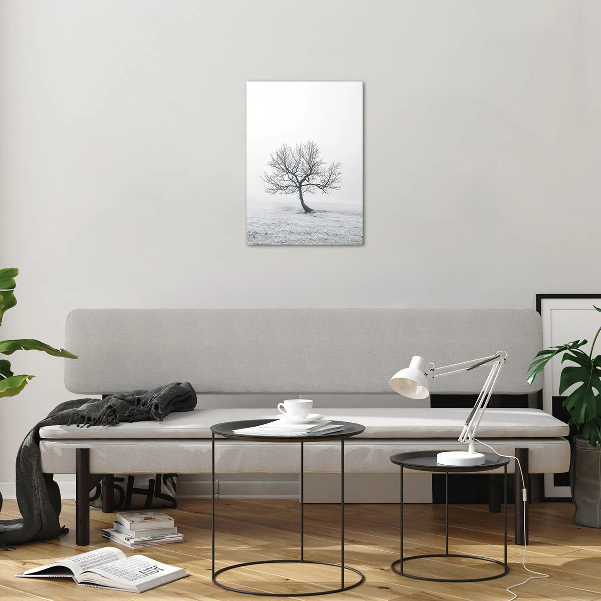Impression sur verre - Image sur verre - Un arbre solitaire contre le brouillard dans une composition monochrome - 50x70cm - Contre le néant - Décoration murale moderne pour le salon et la chambre ARTTOR