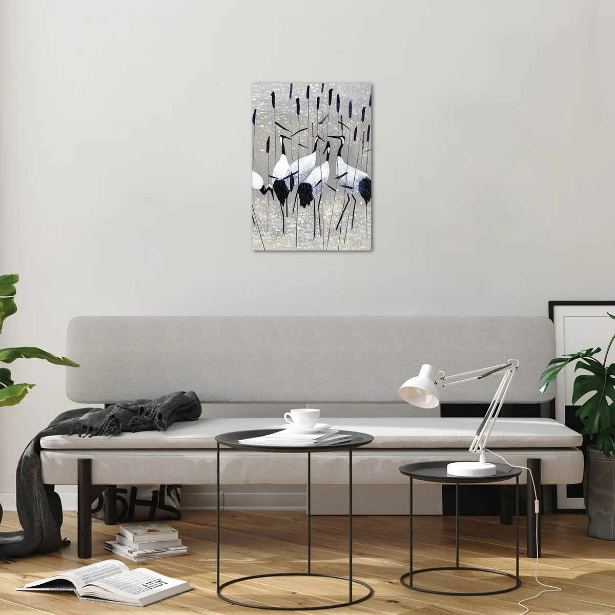 Glasbild - Bild auf glas - Vier Kraniche im Schilf am See - 50x70cm - Unter ihren eigenen - Moderne Wanddekoration für Wohnzimmer und Schlafzimmer ARTTOR