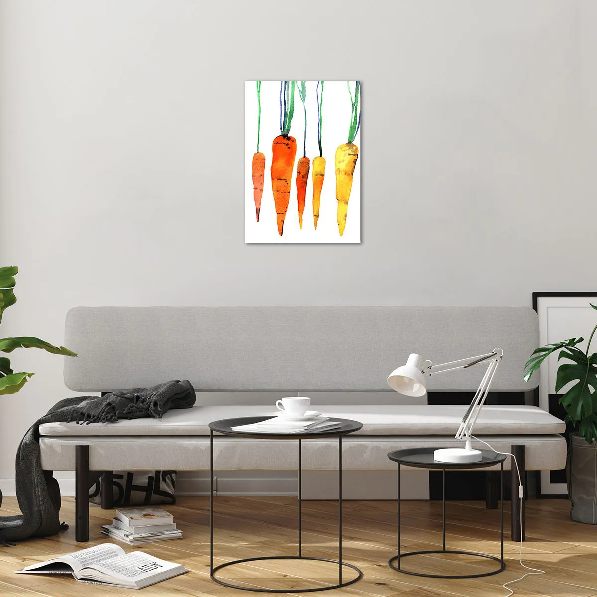 Impression sur verre - Image sur verre - Carottes à l'aquarelle dans différentes nuances d'orange avec des tiges vertes - 50x70cm - La beauté de l'ordinaire - Décoration murale moderne pour le salon et la chambre ARTTOR