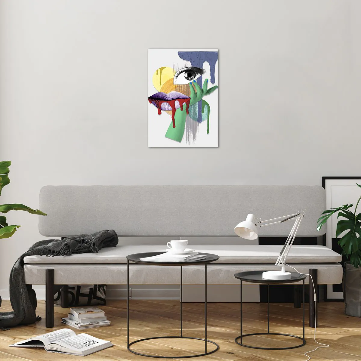 Obraz na szkle - Abstrakcyjna kompozycja z okiem, ustami i kolorami - 50x70cm - Portret zdekonstruowany - Nowoczesna dekoracja ścienna do salonu, kuchni i sypialni ARTTOR