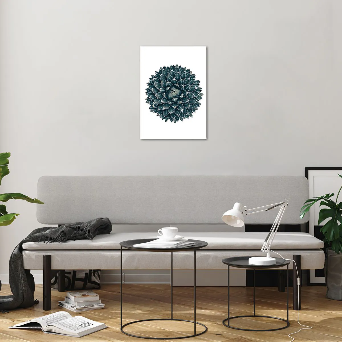 Obraz na szkle - Symetryczny wzór rośliny sukulenta na białym tle - 50x70cm - Gwiazda pustyni - Nowoczesna dekoracja ścienna do salonu, kuchni i sypialni ARTTOR