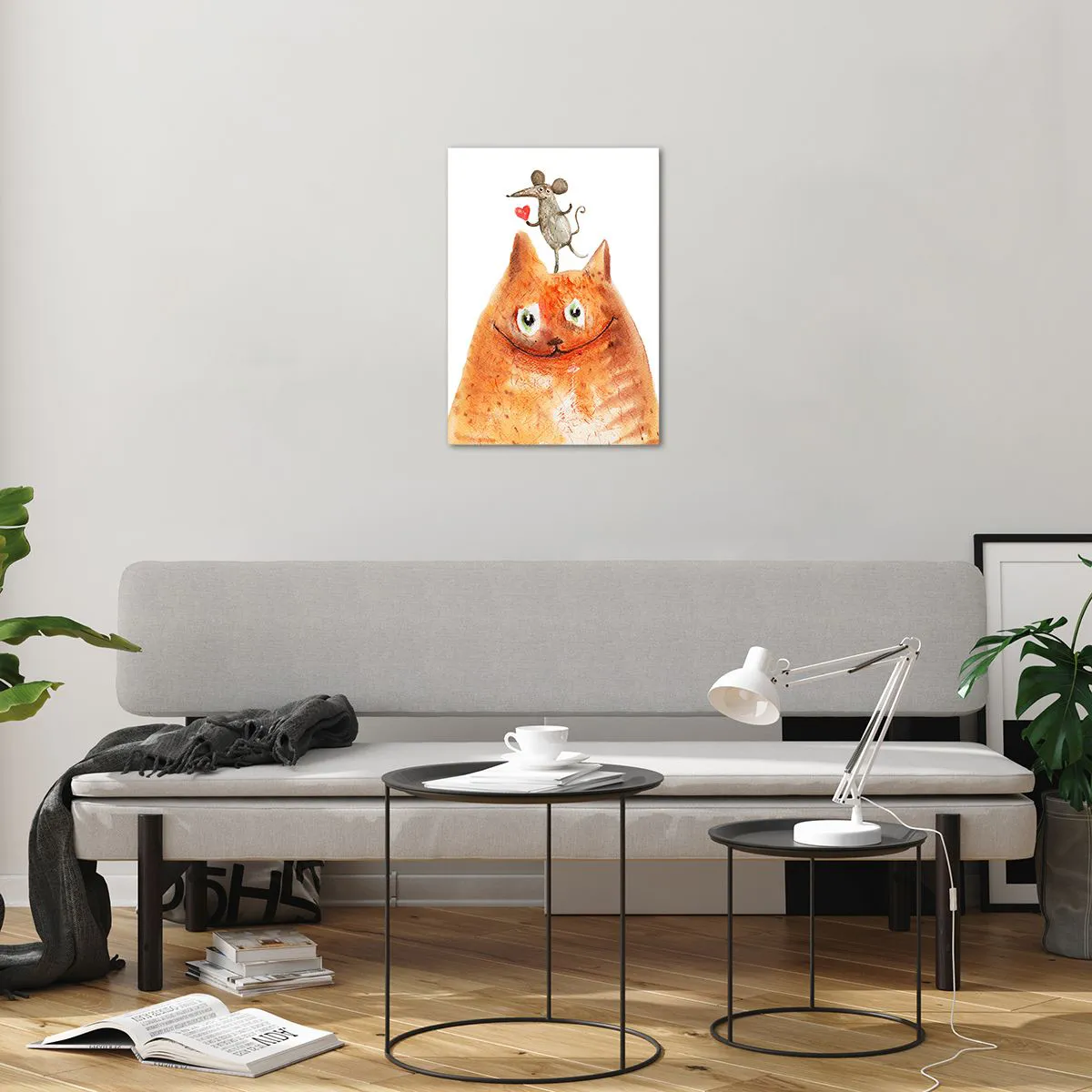 Impression sur verre - Image sur verre - Un chat avec une souris sur la tête dans un style humoristique - 50x70cm - Amour paradoxal - Décoration murale moderne pour le salon et la chambre ARTTOR
