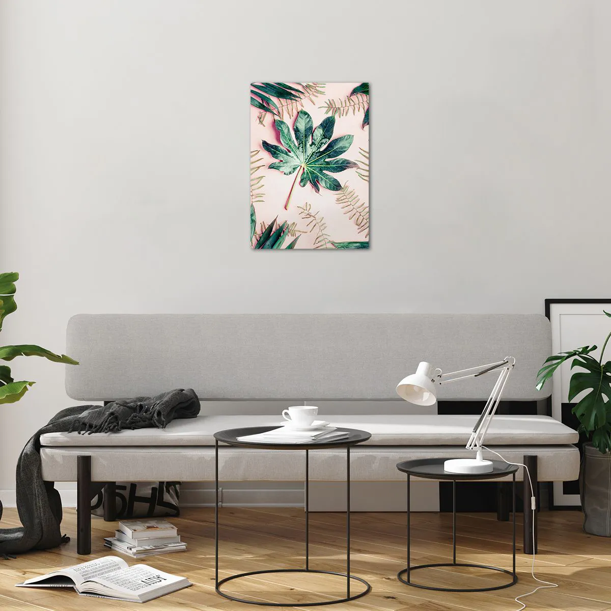 Billede på glas - En undersøgelse af grønt på en lyserød baggrund - 50x70 cm