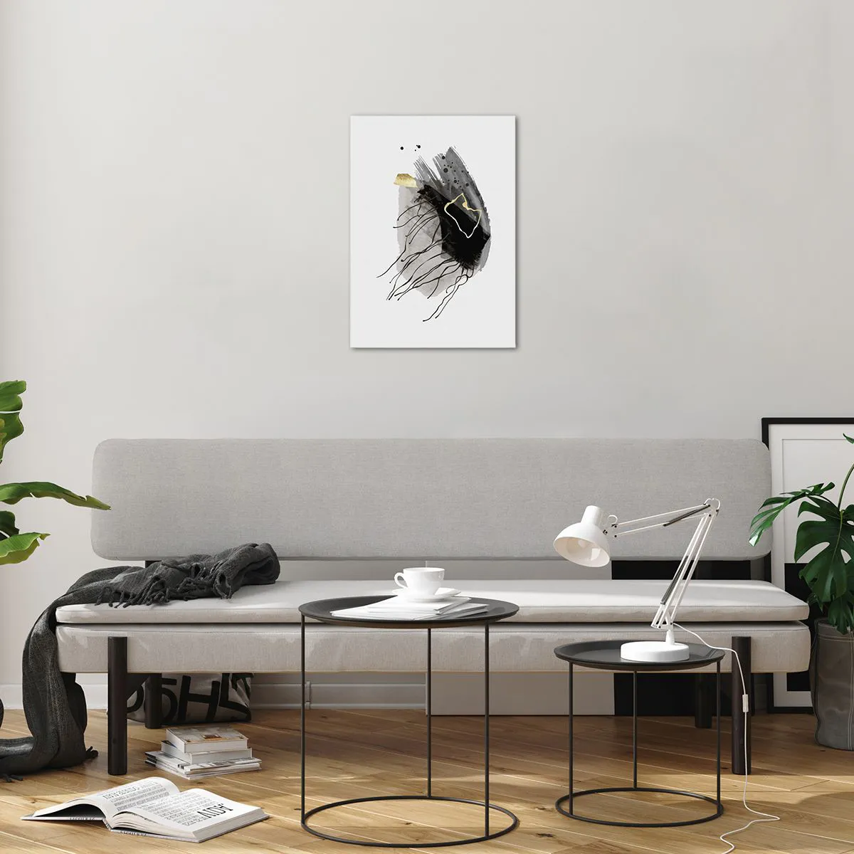 Impression sur verre - Image sur verre - Composition abstraite de noir et d'or sur fond blanc - 50x70cm - En noir et en or - Décoration murale moderne pour le salon et la chambre ARTTOR