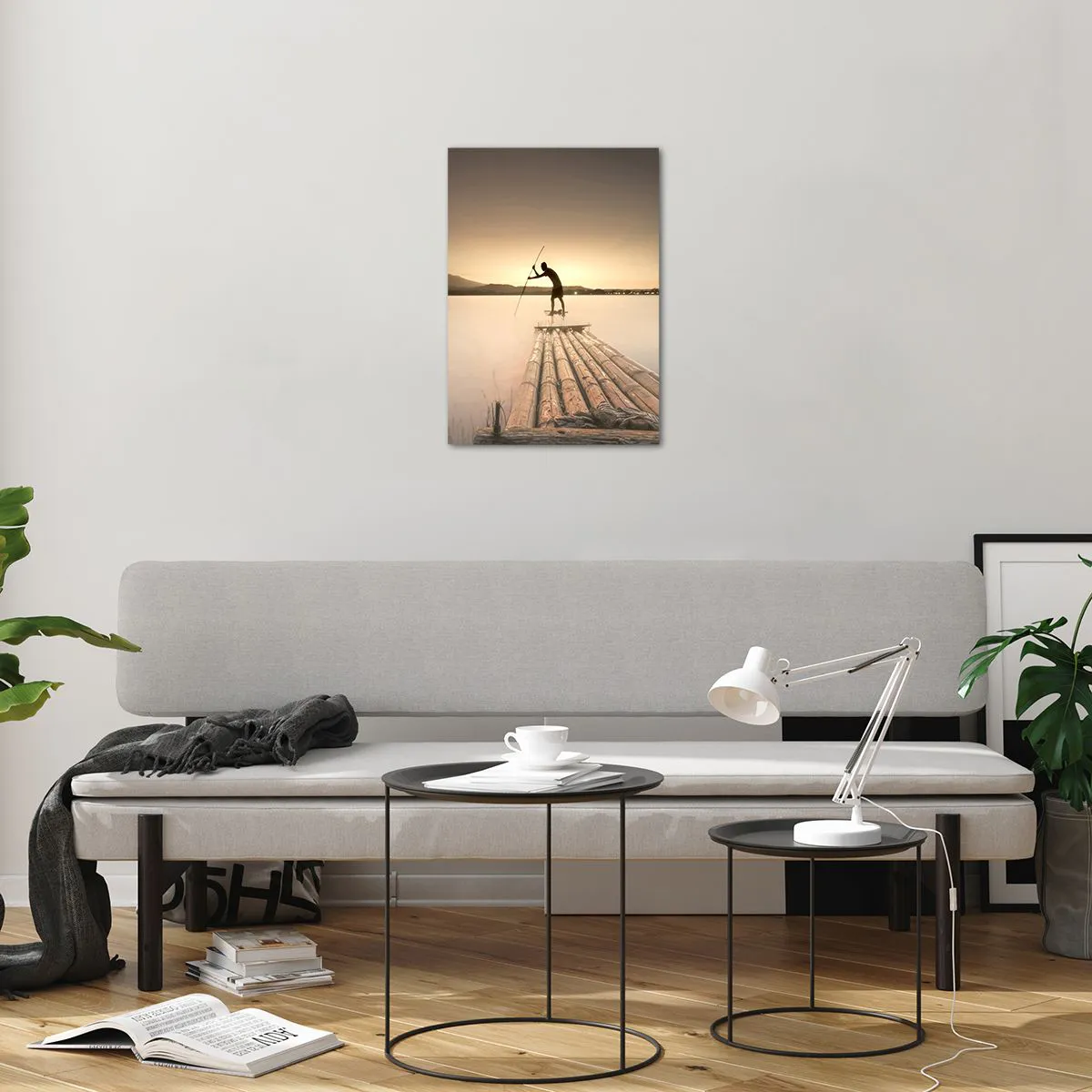 Impression sur verre - Image sur verre - Un pêcheur sur un radeau en bambou au crépuscule - 50x70cm - Avant la fin du jour - Décoration murale moderne pour le salon et la chambre ARTTOR