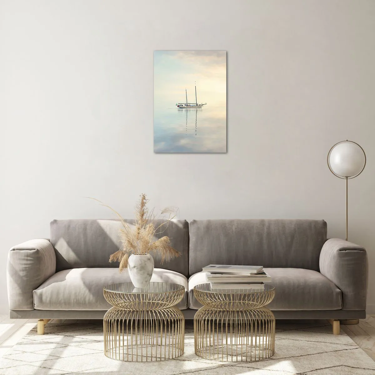 Impression sur verre - Image sur verre - Un voilier dérivant sur une mer calme à l'aube - 50x70cm - Dans une mer de silence - Décoration murale moderne pour le salon et la chambre ARTTOR