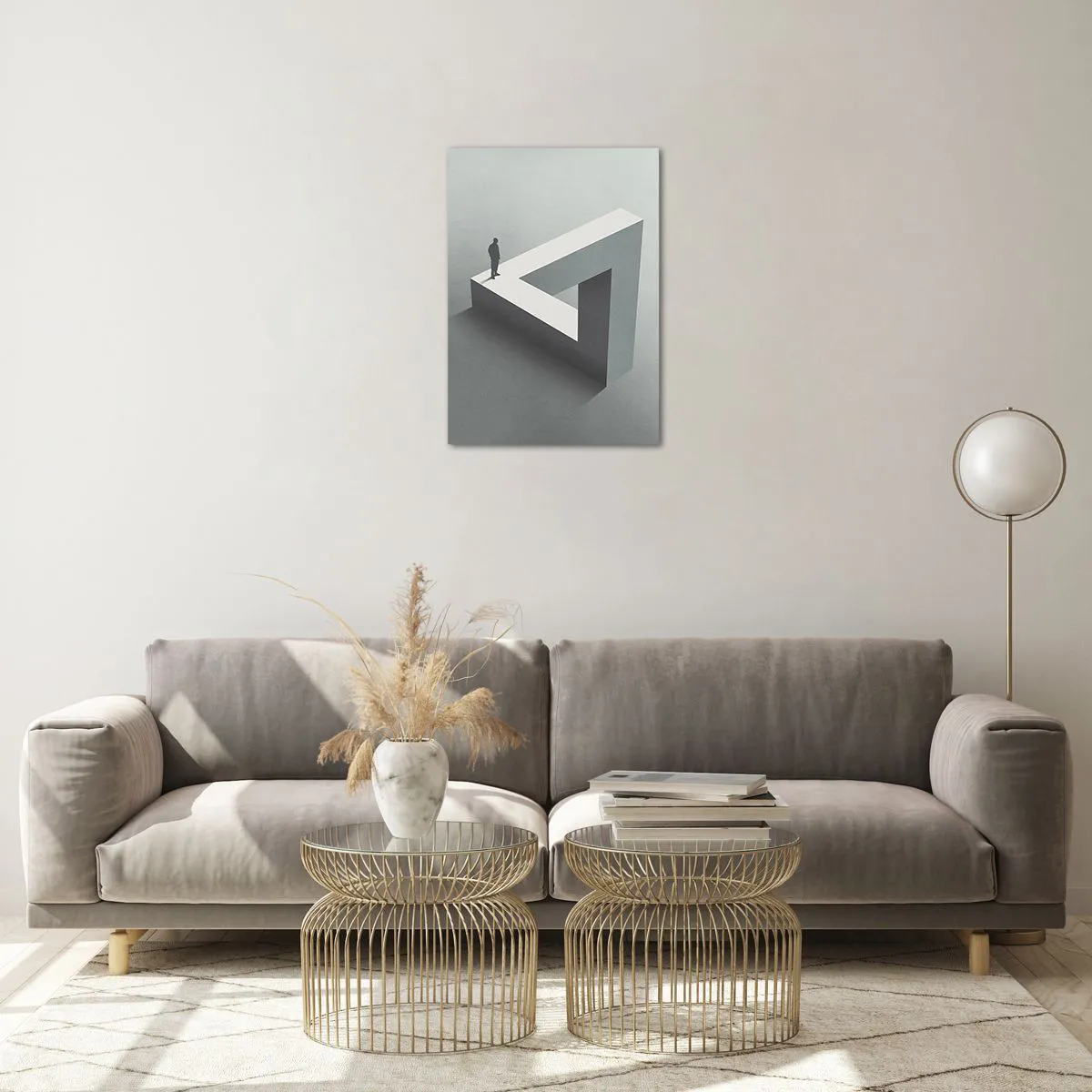 Glasbild - Bild auf glas - Eine Figur auf einer geometrischen Struktur im Stil einer optischen Täuschung - 50x70cm - Es ist also doch möglich - Moderne Wanddekoration für Wohnzimmer und Schlafzimmer ARTTOR