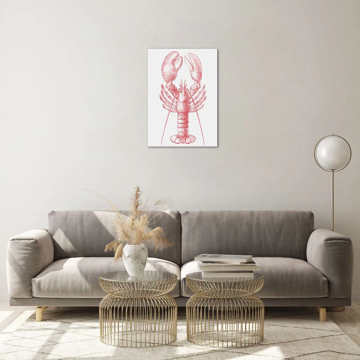 Glasbild - Bild auf glas - Skizze eines Hummers in Rot auf hellem Hintergrund - 50x70cm - Hummer, der Homers würdig ist - Moderne Wanddekoration für Wohnzimmer und Schlafzimmer ARTTOR