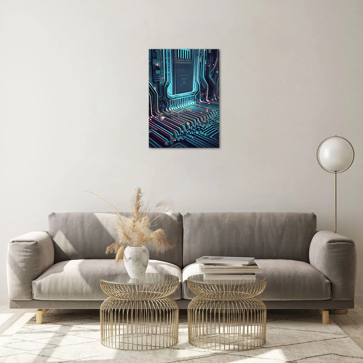 Glasbild - Bild auf glas - Neon-Visualisierung von Prozessorspuren auf schwarzem Hintergrund - 50x70cm - Ich denke nur… - Moderne Wanddekoration für Wohnzimmer und Schlafzimmer ARTTOR