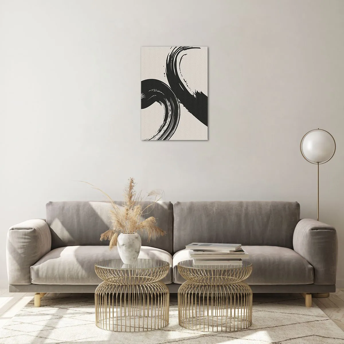 Glasbild - Bild auf glas - Schwarze, dynamische kalligrafische Pinselstriche auf hellem Hintergrund. - 50x70cm - Ausladend und kreisförmig - Moderne Wanddekoration für Wohnzimmer und Schlafzimmer ARTTOR