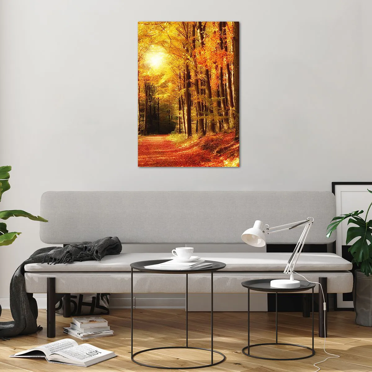 Quadro su vetro - Foresta autunnale con raggi di sole che brillano attraverso gli alberi - 70x100cm - Autunno dorato nella via nel bosco - Decorazione murale moderna per soggiorno e camera da letto ARTTOR