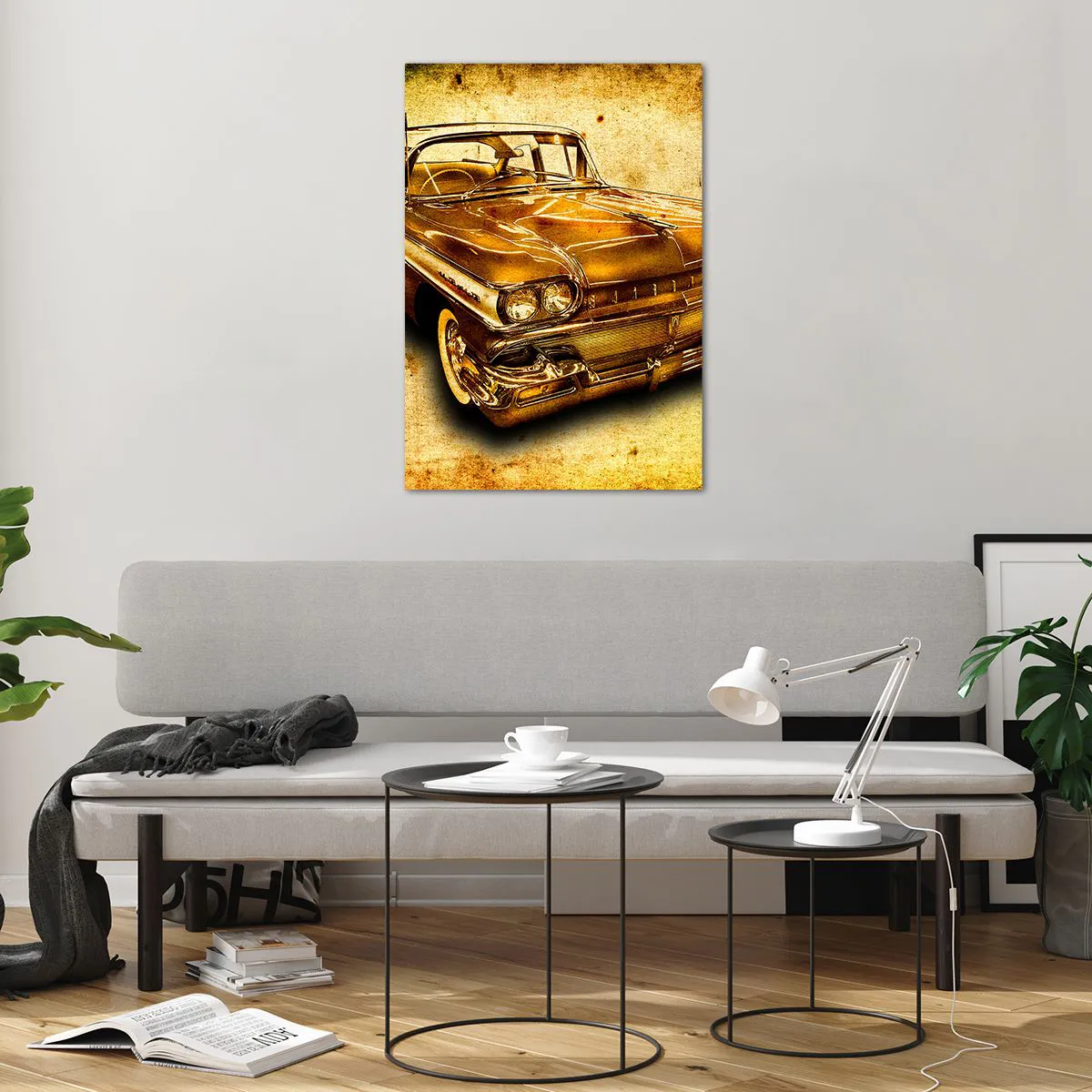 Impression sur verre - Image sur verre - Une voiture rétro classique dorée sur un fond vintage avec un effet vieilli. - 70x100cm - La beauté éternelle des classiques - Décoration murale moderne pour le salon et la chambre ARTTOR