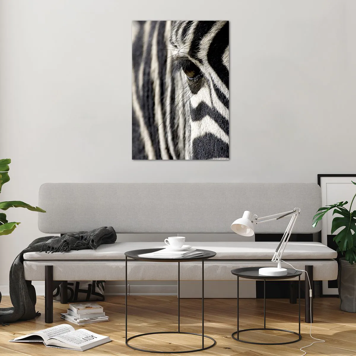 Quadro su vetro - Primo piano dell'occhio di una zebra con strisce bianche e nere - 70x100cm - Ritratto a strisce - Decorazione murale moderna per soggiorno e camera da letto ARTTOR