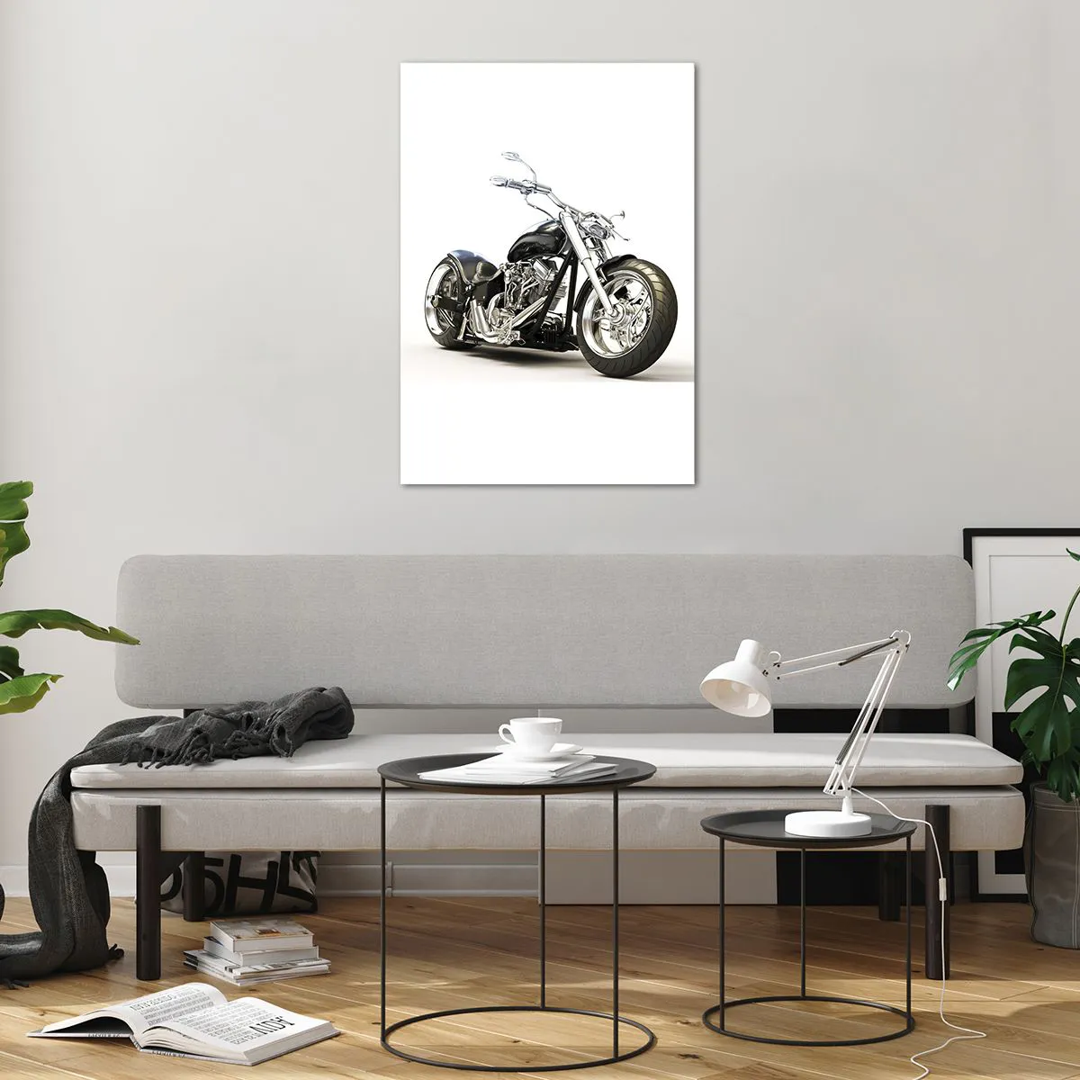 Cuadro sobre vidrio - Impresiones sobre Vidrio - Elegante motocicleta negra sobre fondo blanco. - 70x100cm - Una fuerza con carácter - Decoración de pared moderna para salón y dormitorio ARTTOR