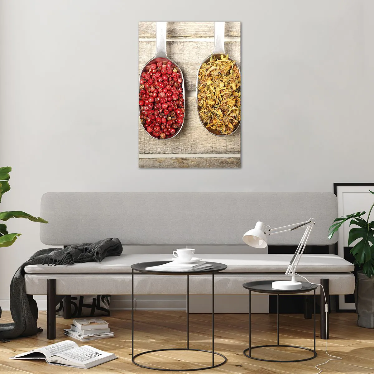 Cuadro sobre vidrio - Impresiones sobre Vidrio - Tres cucharas de metal con especias sobre un fondo de madera. - 70x100cm - La magia de la cocina - Decoración de pared moderna para salón y dormitorio ARTTOR