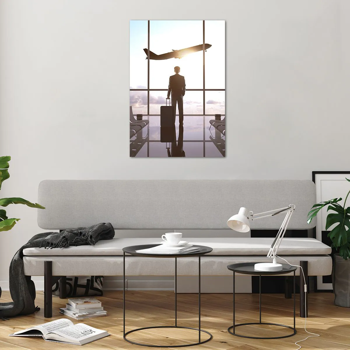 Obraz na szkle - Biznesmen na lotnisku z samolotem w tle - 70x100cm - Masz czas, zwolnij - Nowoczesna dekoracja ścienna do salonu i sypialni ARTTOR