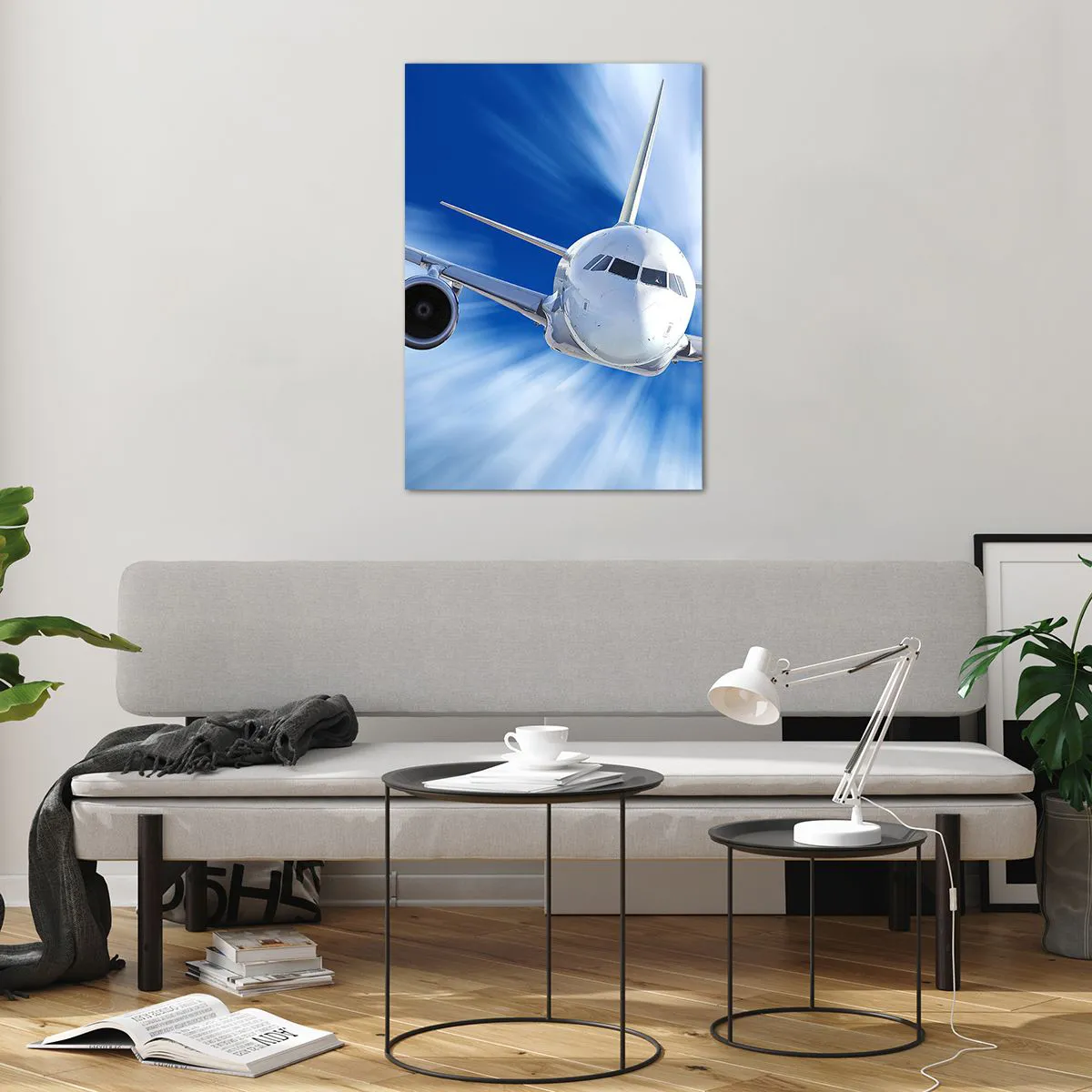 Glasbild - Bild auf glas - Ein Passagierflugzeug in Bewegung gegen den Himmel - 70x100cm - Schneller als der Wind am Himmel - Moderne Wanddekoration für Wohnzimmer und Schlafzimmer ARTTOR
