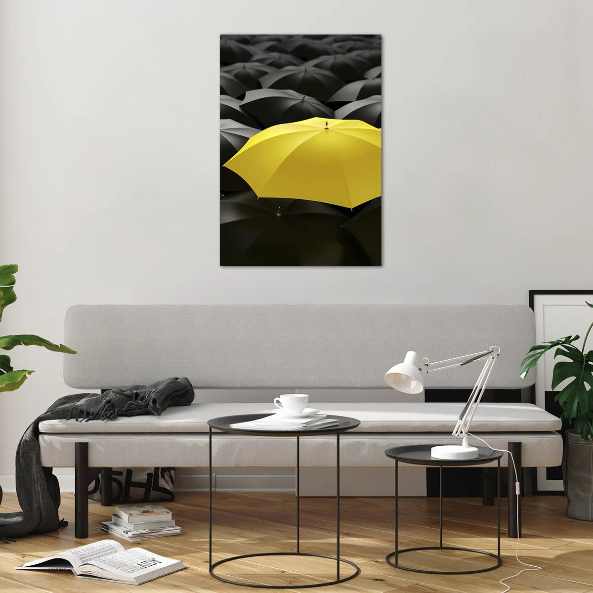 Impression sur verre - Image sur verre - Un parapluie jaune parmi des parapluies noirs - 70x100cm - Adieu chagrin - Décoration murale moderne pour le salon et la chambre ARTTOR