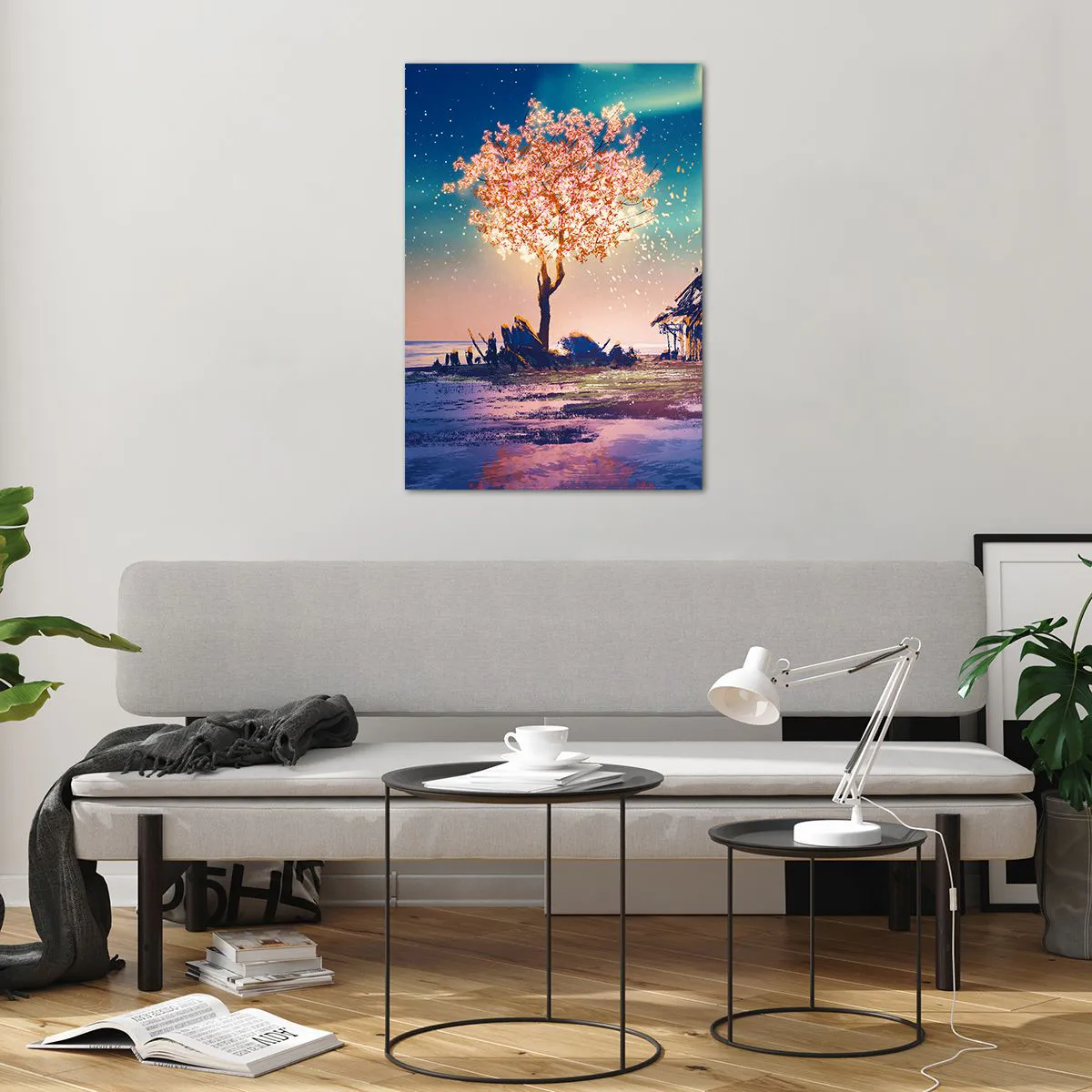 Quadro su vetro - Una casa e un albero in fiore sotto il cielo notturno - 70x100cm - La natura non passa - Decorazione murale moderna per soggiorno e camera da letto ARTTOR