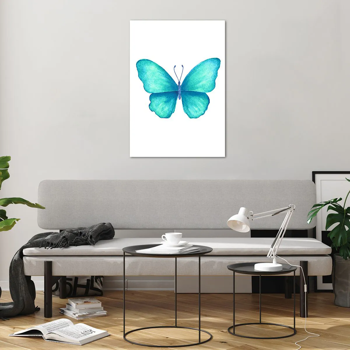 Glasbild - Bild auf glas - Blauer Schmetterling im Aquarellstil auf weißem Hintergrund - 70x100cm - Türkis von Natur aus - Moderne Wanddekoration für Wohnzimmer und Schlafzimmer ARTTOR