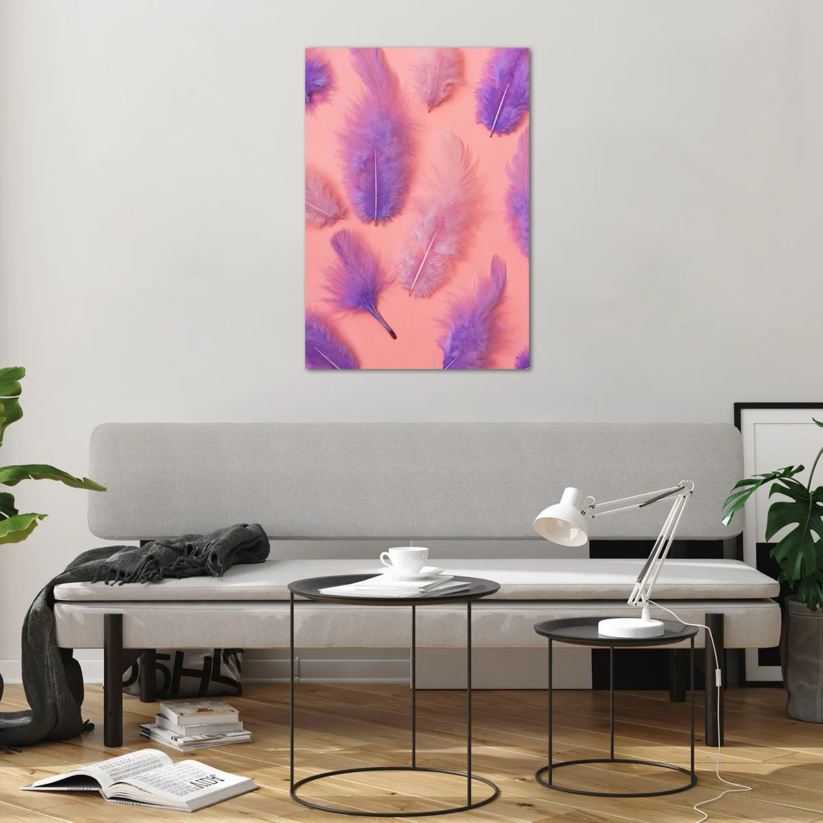 Impression sur verre - Image sur verre - Plumes violettes et roses sur fond pastel - 70x100cm - Oiseau de désir lilas - Décoration murale moderne pour le salon et la chambre ARTTOR