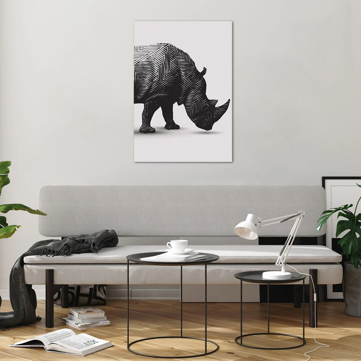 Impression sur verre - Image sur verre - Silhouette graphique d'un rhinocéros dans un motif noir et blanc - 70x100cm - Beauté géométrique de la nature - Décoration murale moderne pour le salon et la chambre ARTTOR