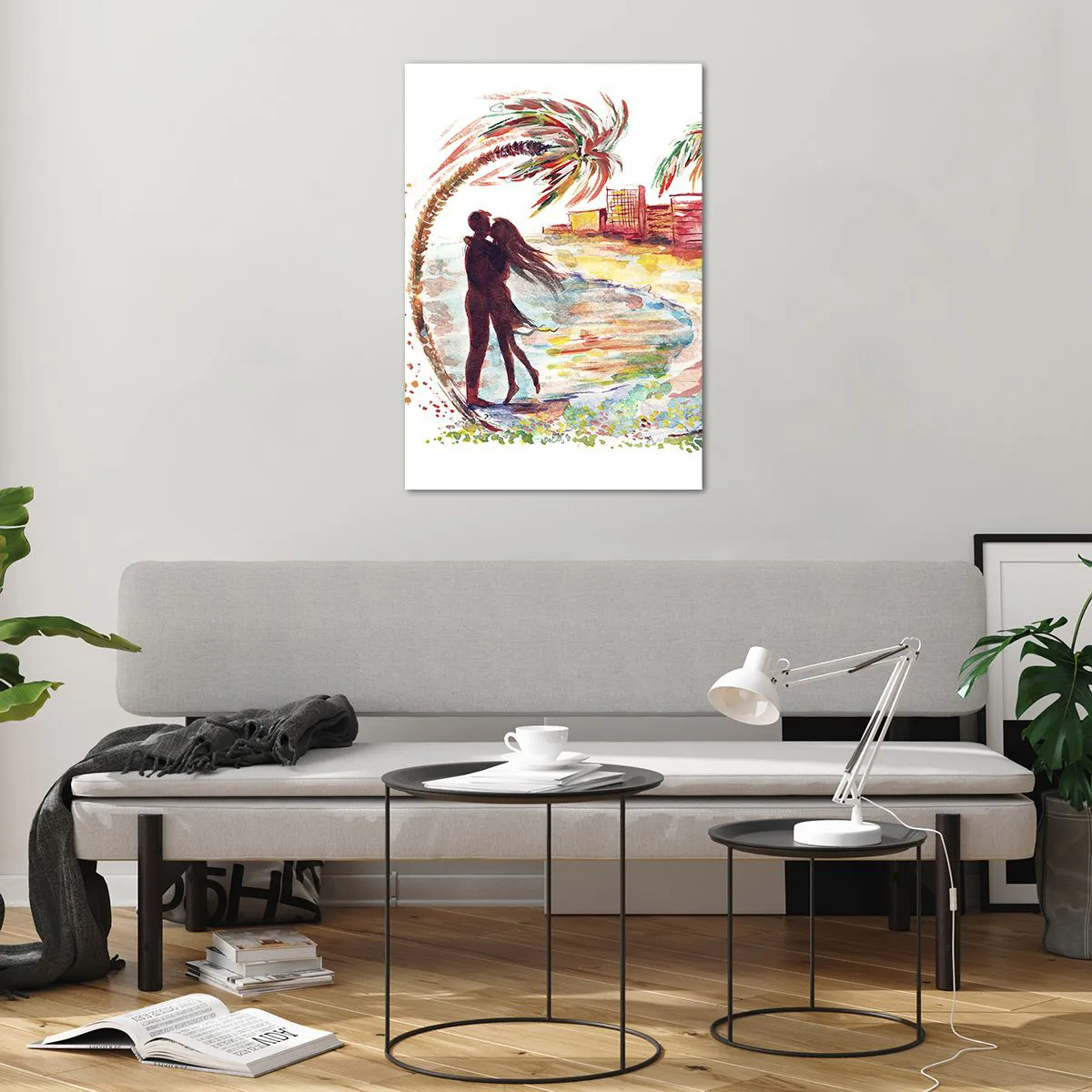 Glasbild - Bild auf glas - Romantische Paarszene an einem Strand mit Palmen in Aquarell - 70x100cm - Romantischer Urlaub - Moderne Wanddekoration für Wohnzimmer und Schlafzimmer ARTTOR