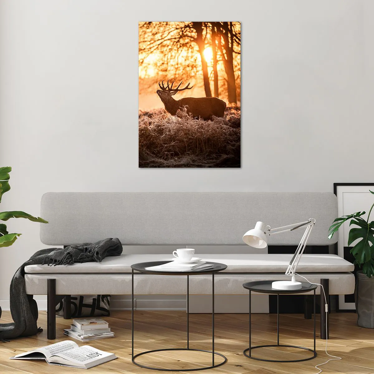 Impression sur verre - Image sur verre - Deux cerfs au coucher du soleil dans un paysage hivernal - 70x100cm - Le rêve d'un chasseur - Décoration murale moderne pour le salon et la chambre ARTTOR