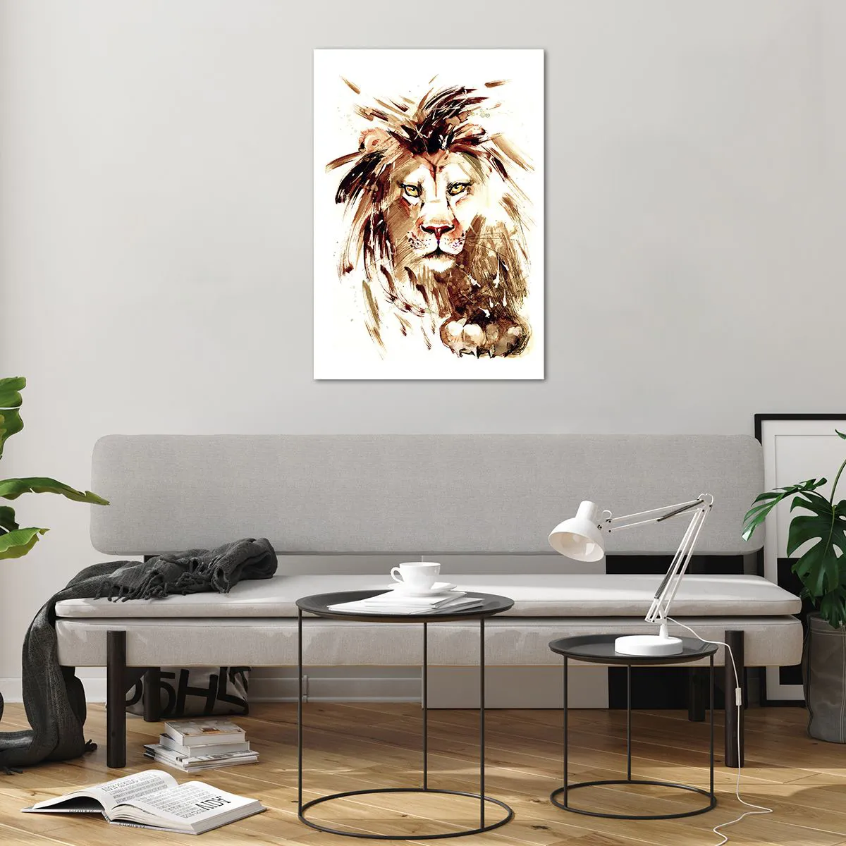 Quadro su vetro - Ritratto ad acquerello di un leone con dettagli intensi - 70x100cm - Forza e dignità - Decorazione murale moderna per soggiorno e camera da letto ARTTOR