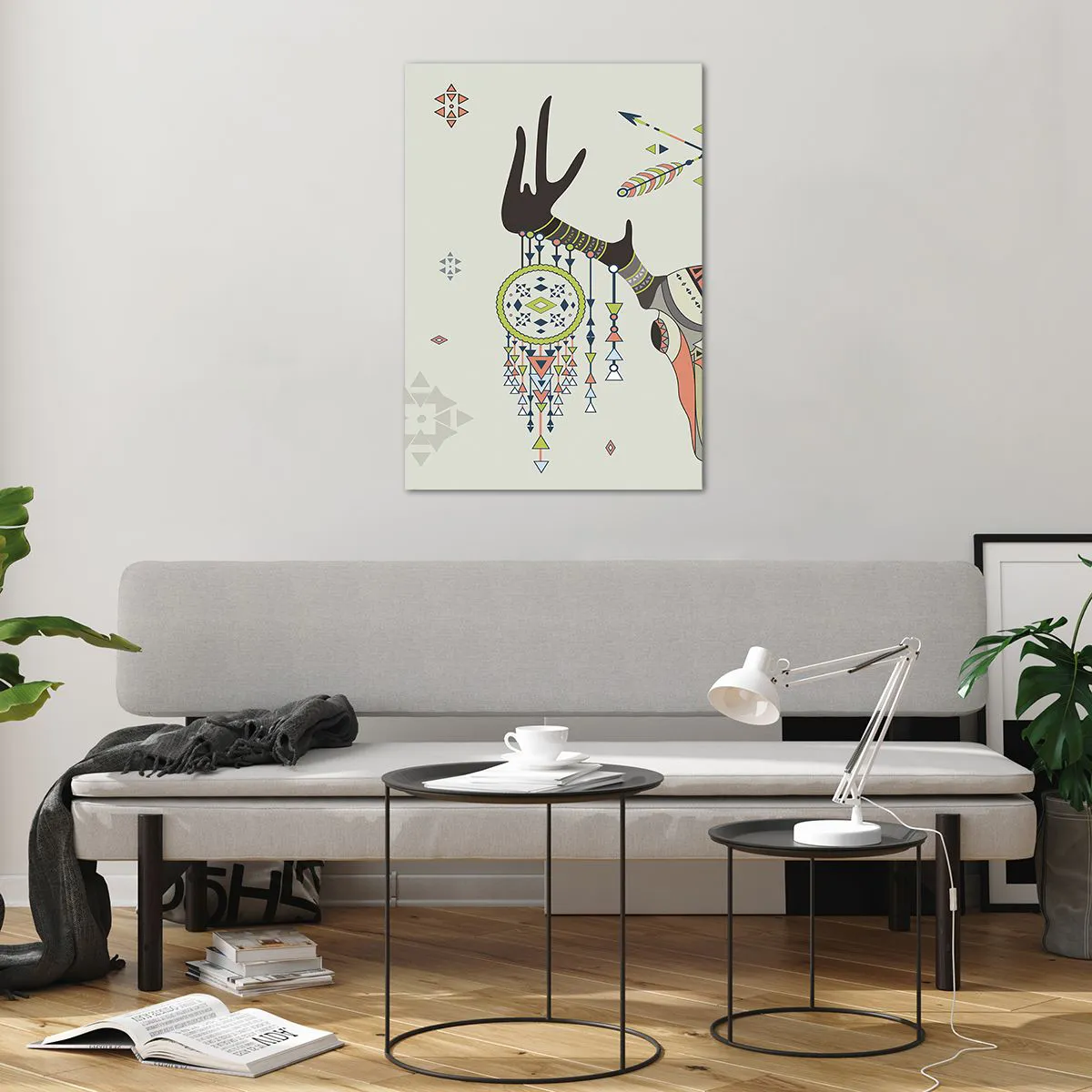 Impression sur verre - Image sur verre - Décoration bohème avec crâne de cerf et attrape-rêves - 70x100cm - Trophée du chasseur indien - Décoration murale moderne pour le salon et la chambre ARTTOR