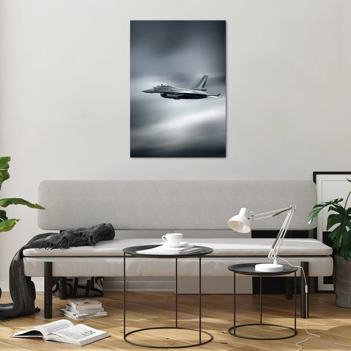 Glasbild - Bild auf glas - Ein Kampfjet im Flug vor einem bewölkten Himmel - 70x100cm - Wirst du herausfordern? - Moderne Wanddekoration für Wohnzimmer und Schlafzimmer ARTTOR