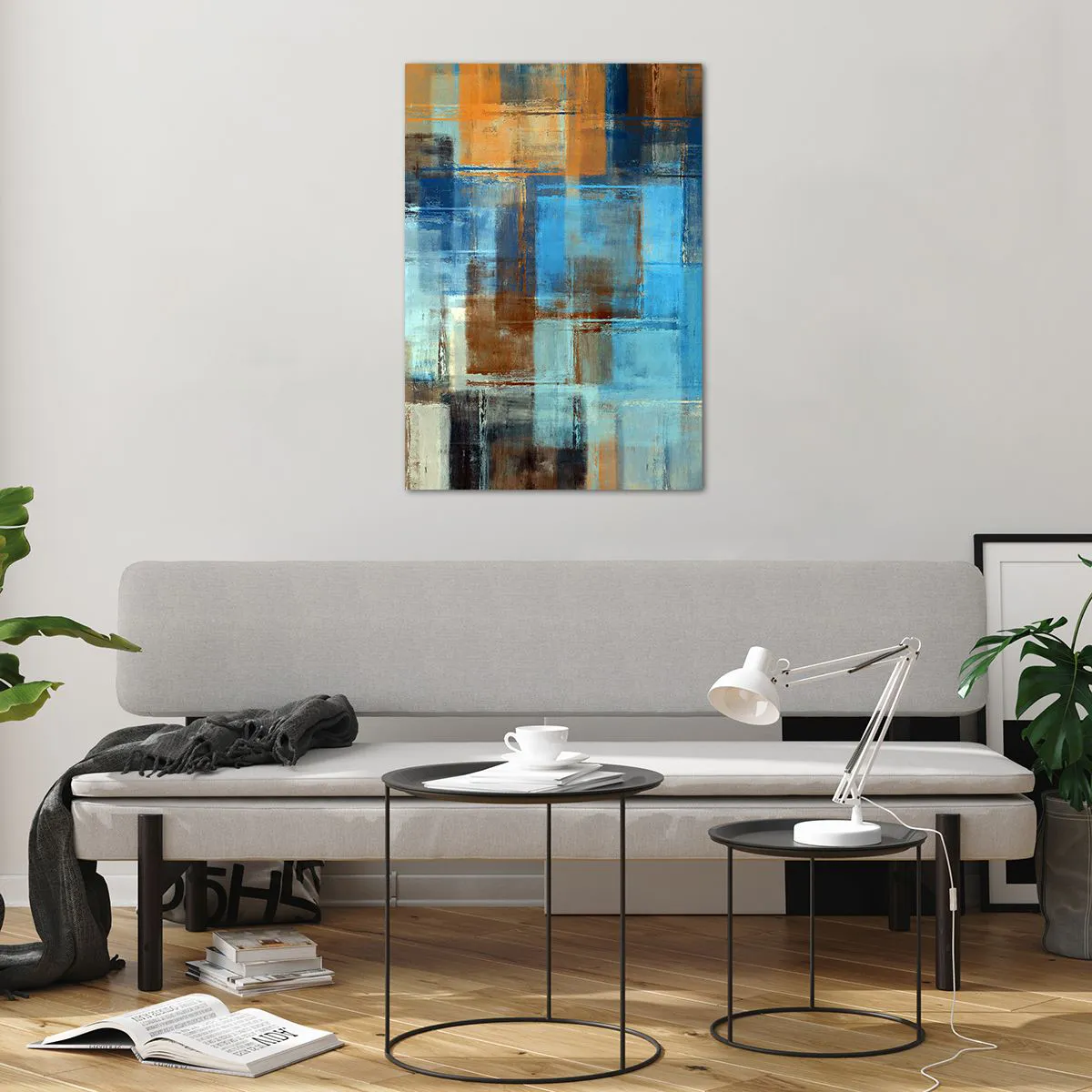 Impression sur verre - Image sur verre - Composition géométrique abstraite dans les tons de bleu et de marron - 70x100cm - A travers le voile bleu - Décoration murale moderne pour le salon et la chambre ARTTOR