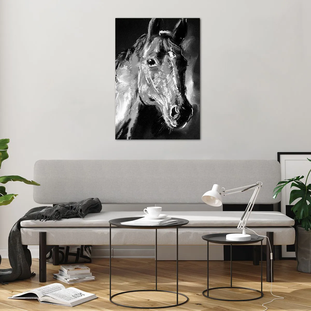 Impression sur verre - Image sur verre - Portrait d'un cheval dans un style dynamique en noir et blanc - 70x100cm - L'éclat d'une âme noble - Décoration murale moderne pour le salon et la chambre ARTTOR