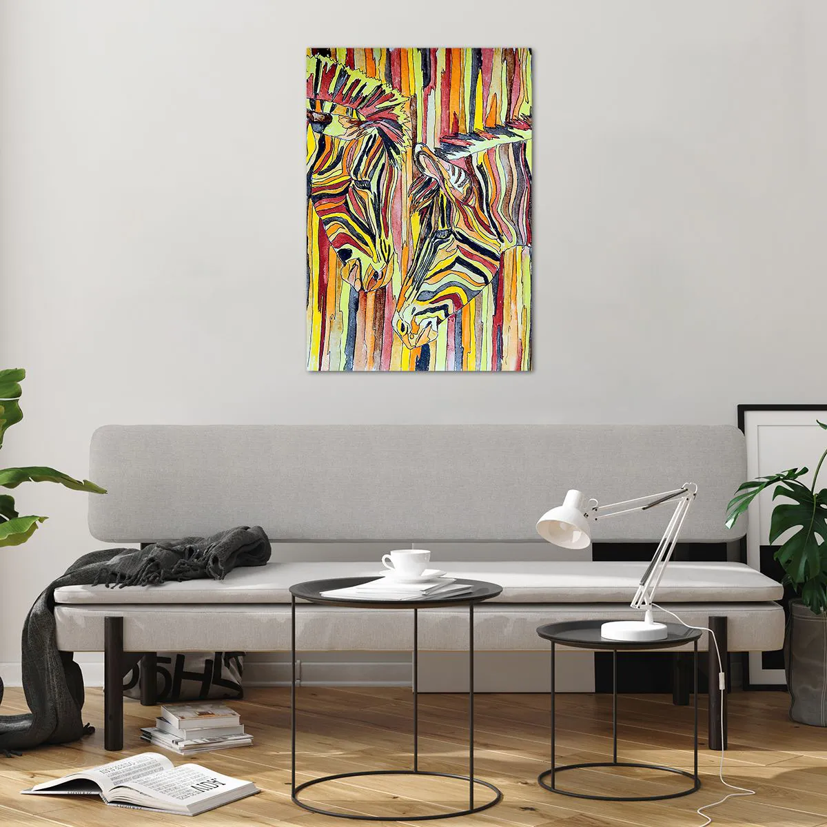 Cuadro sobre vidrio - Impresiones sobre Vidrio - Cebras coloridas sobre un fondo de rayas abstractas - 70x100cm - Y tú también... - Decoración de pared moderna para salón y dormitorio ARTTOR