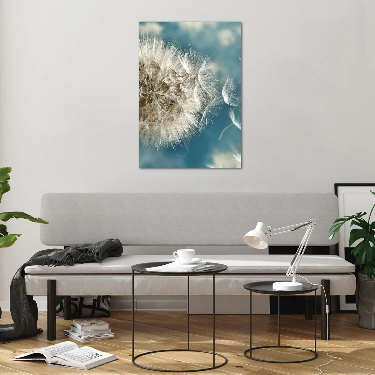 Cuadro sobre vidrio - Impresiones sobre Vidrio - Un diente de león desperdigado contra un cielo azul. - 70x100cm - El aliento de un ángel - Decoración de pared moderna para salón y dormitorio ARTTOR