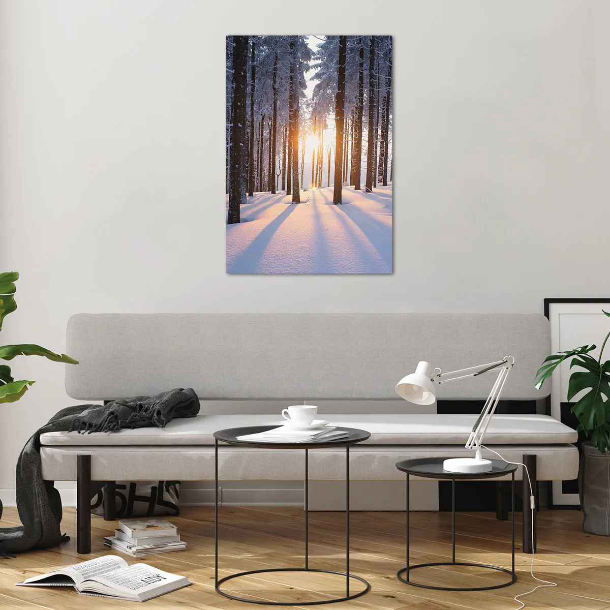 Cuadro sobre vidrio - Impresiones sobre Vidrio - Bosque invernal iluminado por los rayos del sol. - 70x100cm - Claramente en blanco y negro - Decoración de pared moderna para salón y dormitorio ARTTOR