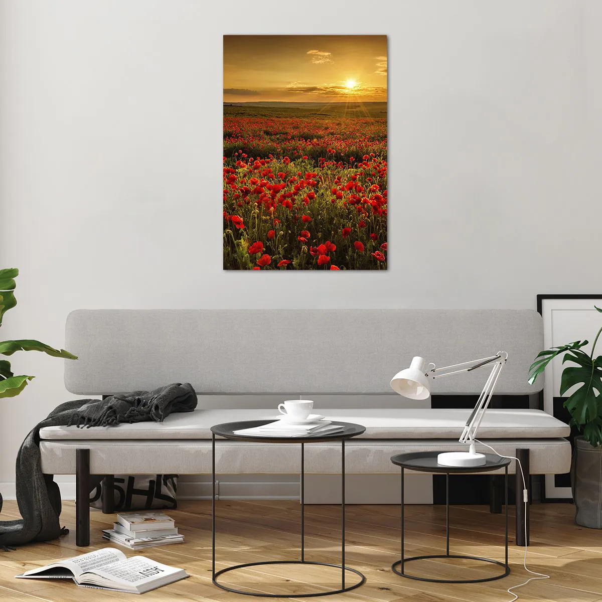 Cuadro sobre vidrio - Impresiones sobre Vidrio - Un campo de amapolas rojas bajo el resplandor del sol poniente. - 70x100cm - Entre los campos de flores - Decoración de pared moderna para salón y dormitorio ARTTOR