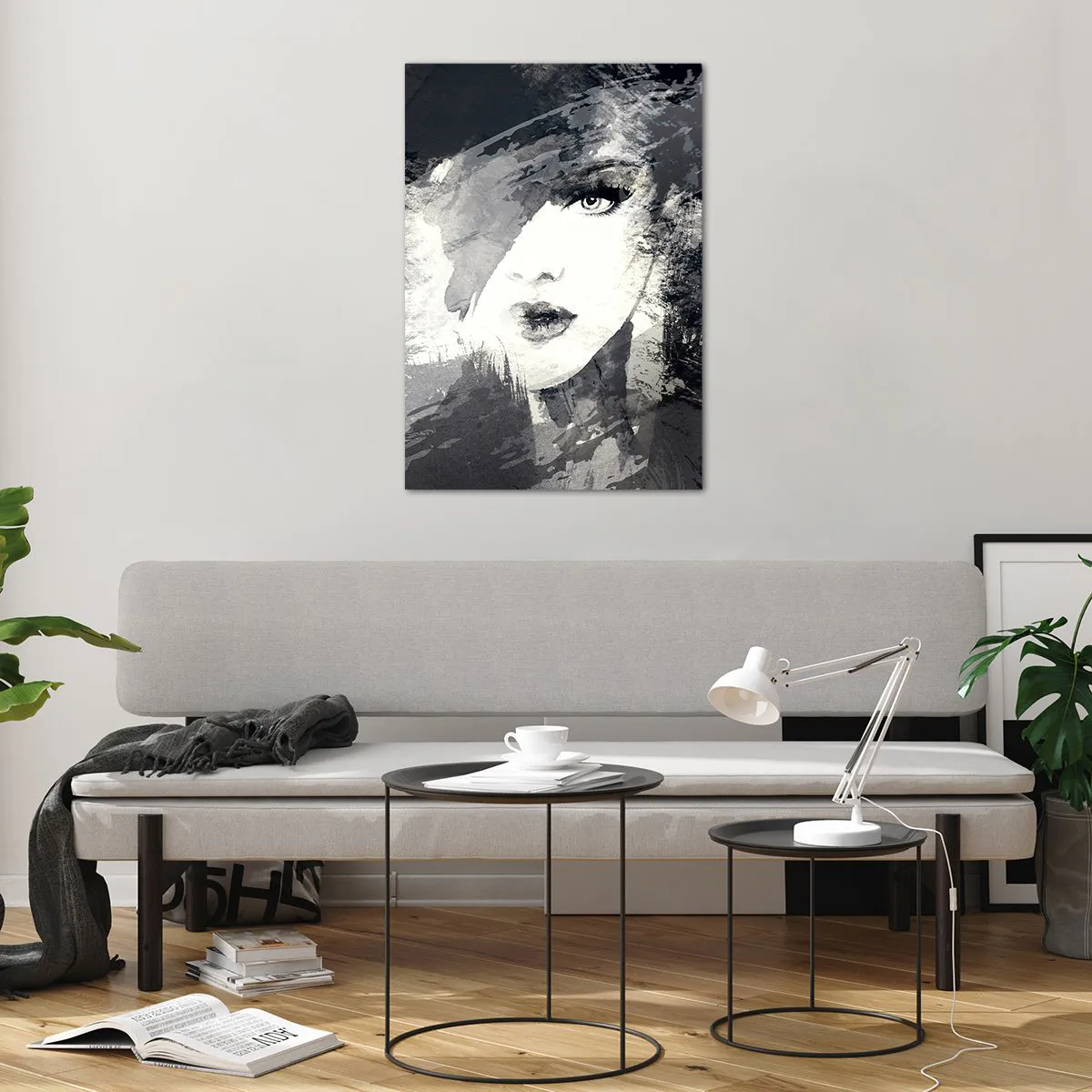 Glasbild - Bild auf glas - Ein abstraktes Frauenporträt in Grautönen mit zarten Akzenten. - 70x100cm - Hinter einem grauen Schleier - Moderne Wanddekoration für Wohnzimmer und Schlafzimmer ARTTOR