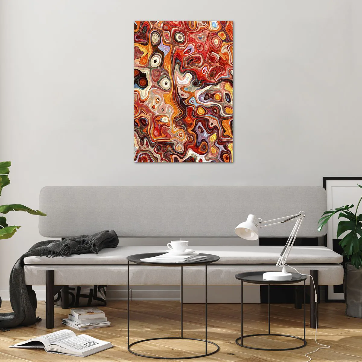Cuadro sobre vidrio - Impresiones sobre Vidrio - Una composición abstracta en tonos cálidos de rojo, naranja y amarillo. - 70x100cm - Si las nueces se derritieran en la miel - Decoración de pared moderna para salón y dormitorio ARTTOR
