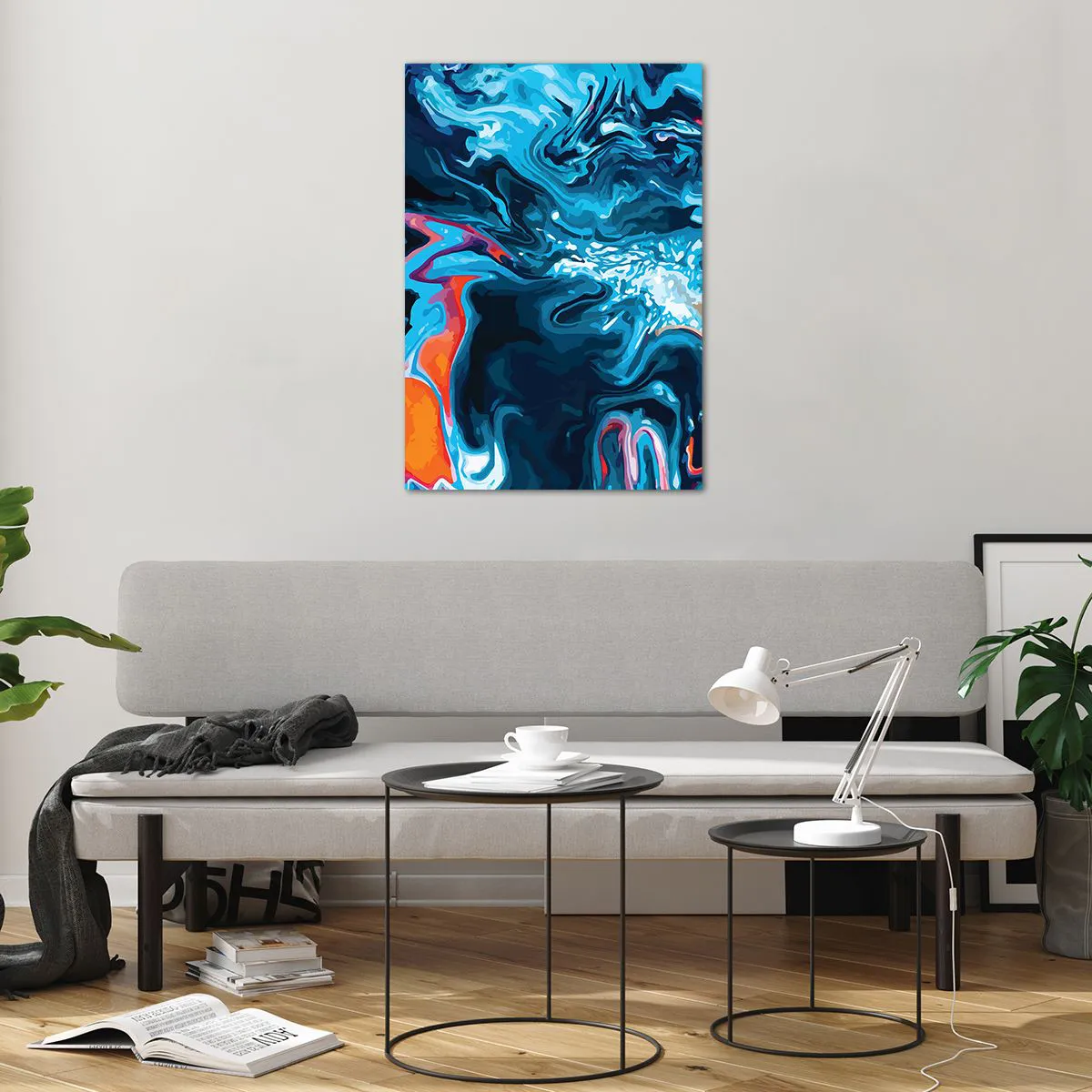 Glasbild - Bild auf glas - Ein abstraktes Muster in Blautönen mit orangefarbenen Akzenten. - 70x100cm - Reise ins Zentrum des Himmels - Moderne Wanddekoration für Wohnzimmer und Schlafzimmer ARTTOR