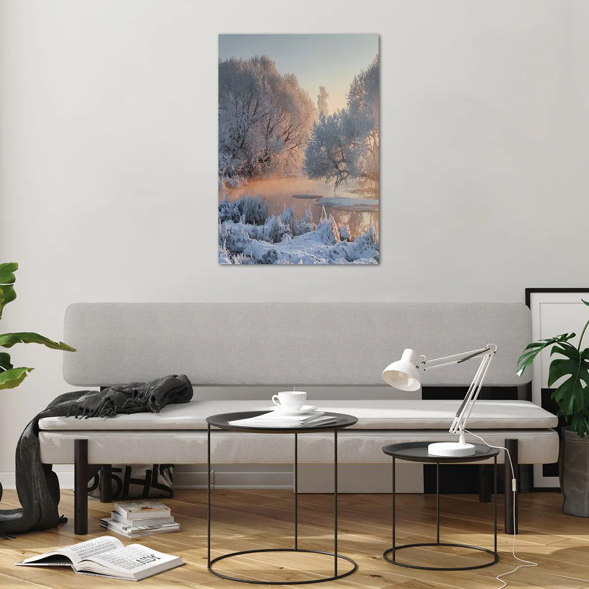 Obraz na szkle - Zimowy krajobraz z ośnieżonymi drzewami i zachodem słońca - 70x100cm - Wszystko w słonecznym lśni krysztale - Nowoczesna dekoracja ścienna do salonu i sypialni ARTTOR