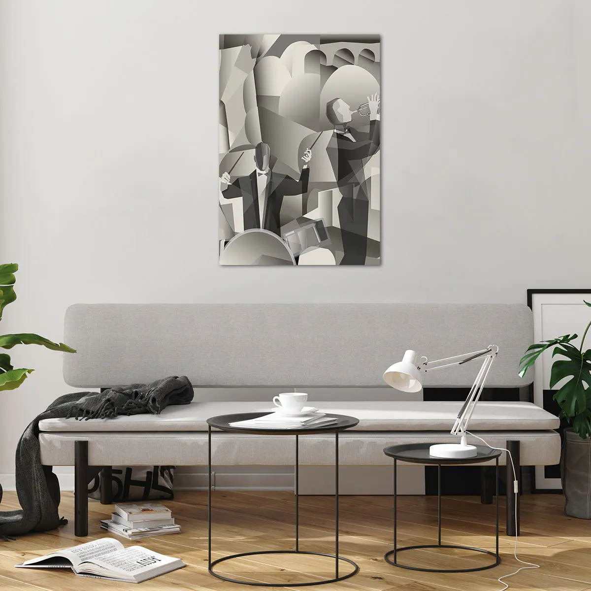 Glasbild - Bild auf glas - Abstrakte Szene mit Jazzmusikern in Grautönen. - 70x100cm - Im Raum der Klänge - Moderne Wanddekoration für Wohnzimmer und Schlafzimmer ARTTOR