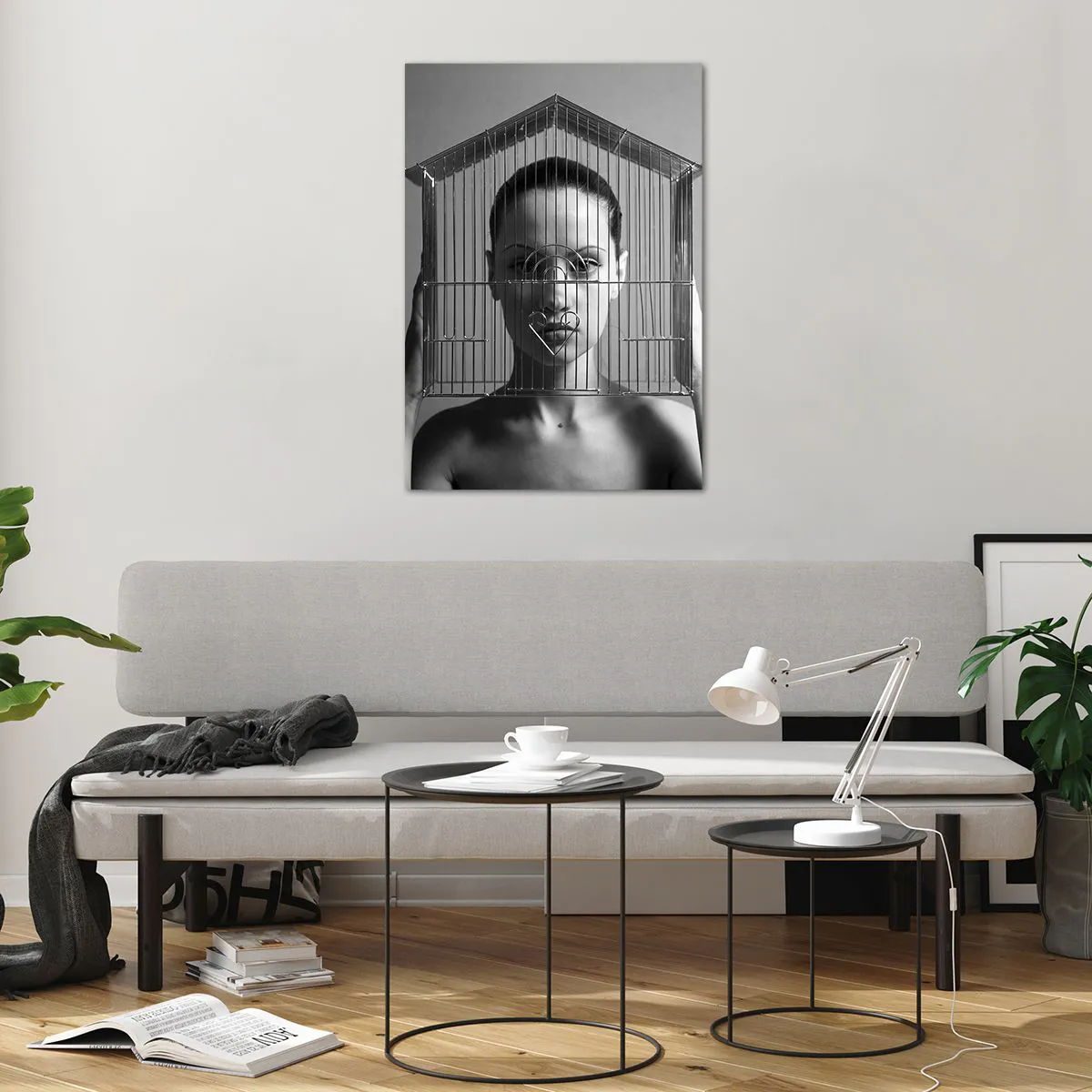 Obraz na szkle - Kobieta za klatką w surrealistycznym stylu - 70x100cm - Portret nieco surrealistyczny - Nowoczesna dekoracja ścienna do salonu i sypialni ARTTOR