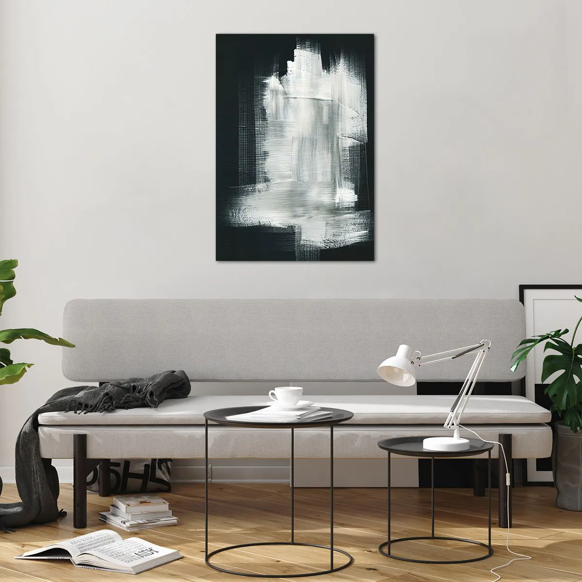 Impression sur verre - Image sur verre - Traits abstraits blancs sur fond sombre - 70x100cm - Tissé à la verticale et à l'horizontale - Décoration murale moderne pour le salon et la chambre ARTTOR
