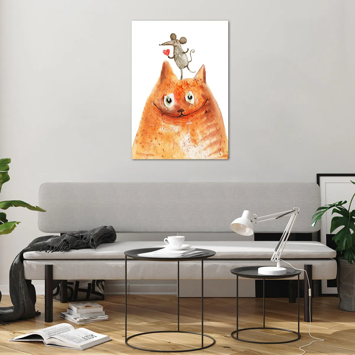 Impression sur verre - Image sur verre - Un dessin d'un chat avec une souris sur la tête tenant un cœur - 70x100cm - Amour paradoxal - Décoration murale moderne pour le salon et la chambre ARTTOR