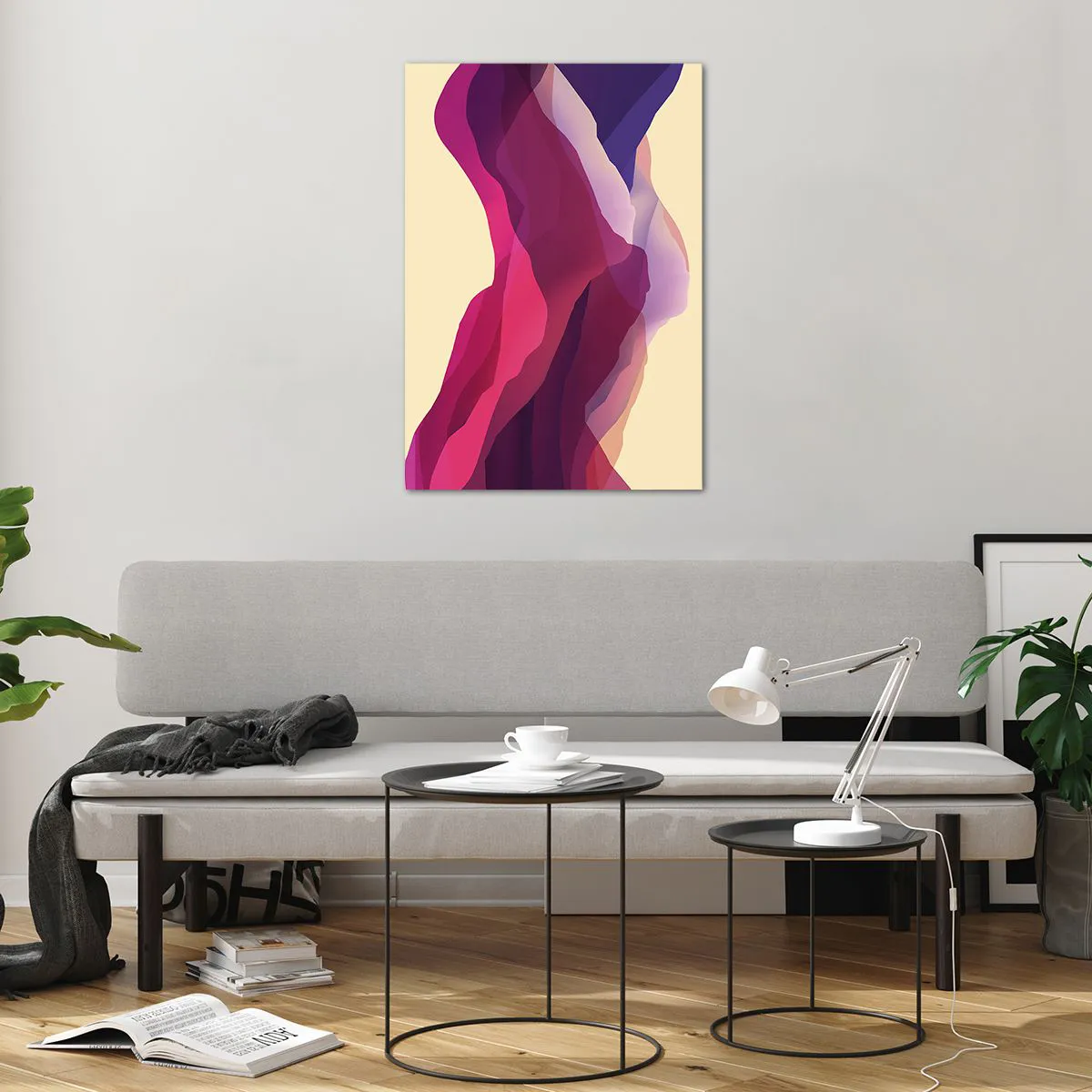 Obraz na szkle - Abstrakcyjne fale w odcieniach purpury i różu na jasnym tle - 70x100cm - Fale purpury - Nowoczesna dekoracja ścienna do salonu i sypialni ARTTOR