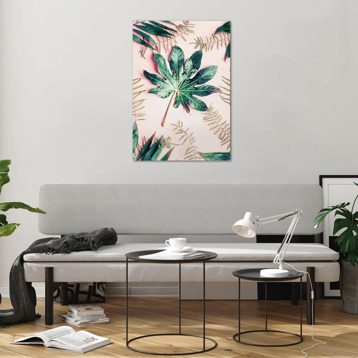 Tablou pe sticlă - Studiu de verdeață pe un fundal roz - 70x100 cm