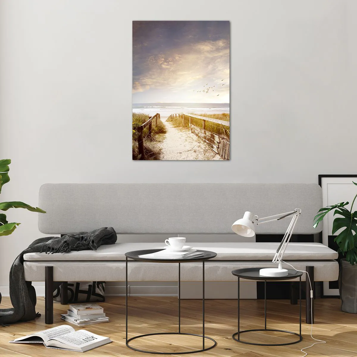 Obraz na szkle - Drewniana ścieżka prowadząca na plażę o zachodzie słońca - 70x100cm - Przestrzeń spokoju - Nowoczesna dekoracja ścienna do salonu i sypialni ARTTOR